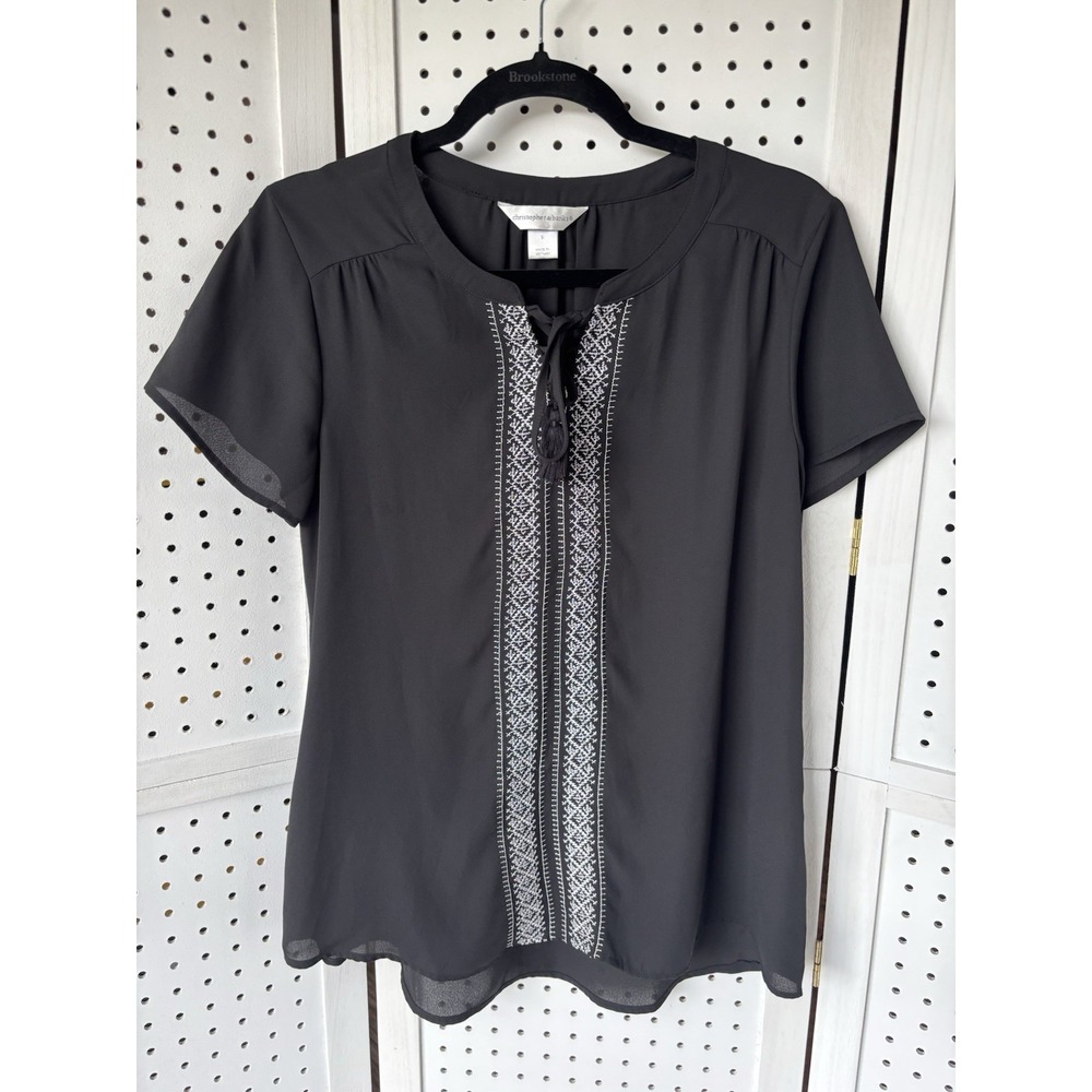 Christopher &‎ Banks Short SLV Blouse Black White Embroidery Tie Women's Small